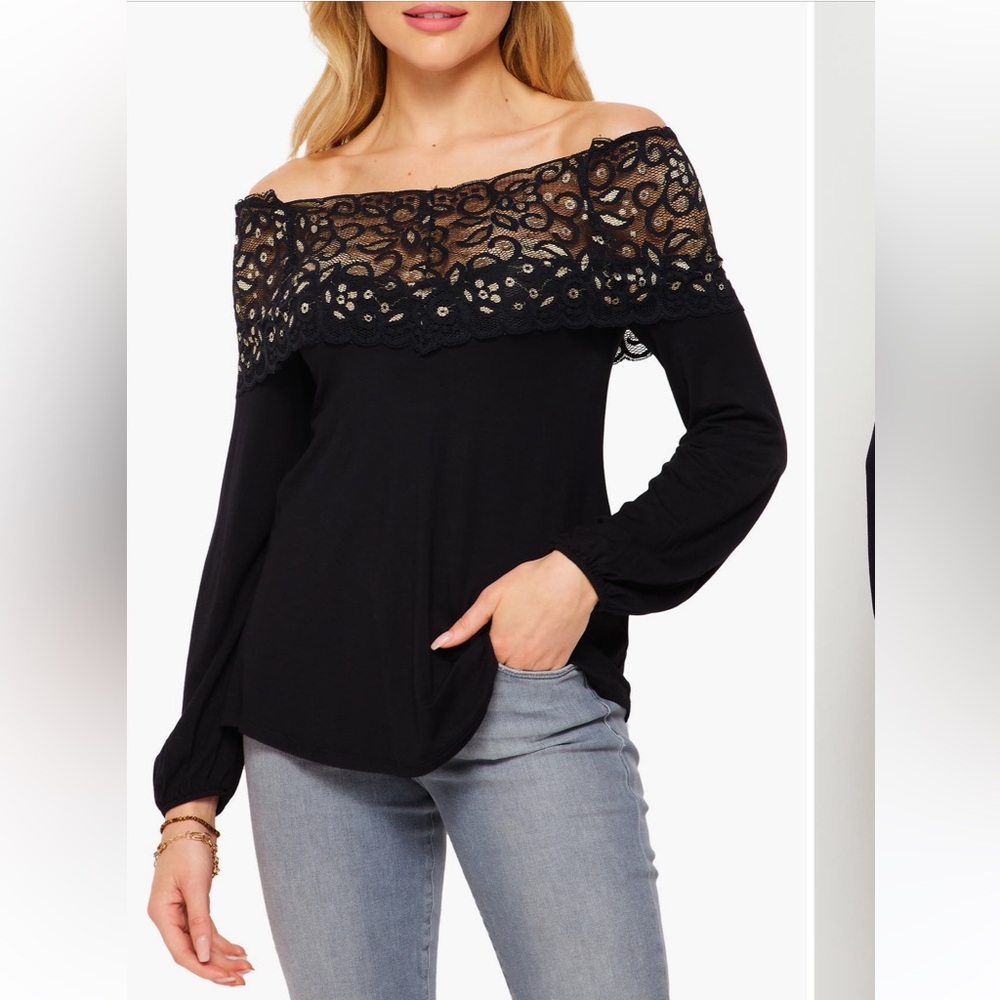 BlueGray Drop Shoulder Lace Tunic Long Sleeve Blouse w Straps, Black & Gold, XL